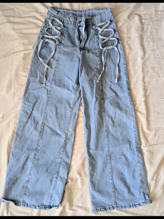 None Denim - BNWOT, Size Med, Light Blue Lace-Up Details Wide Leg Jeans